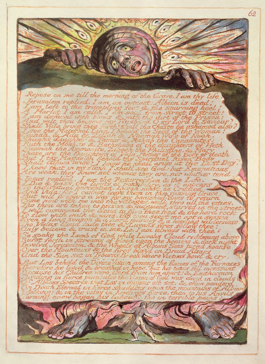 Lepää minulle... levy 62 julkaisusta "Jerusalem the Emanation of the Great Albion", 1804-20 (reliefietsaus painettu oranssilla kynällä ja wc:llä paperille) tekijältä William Blake