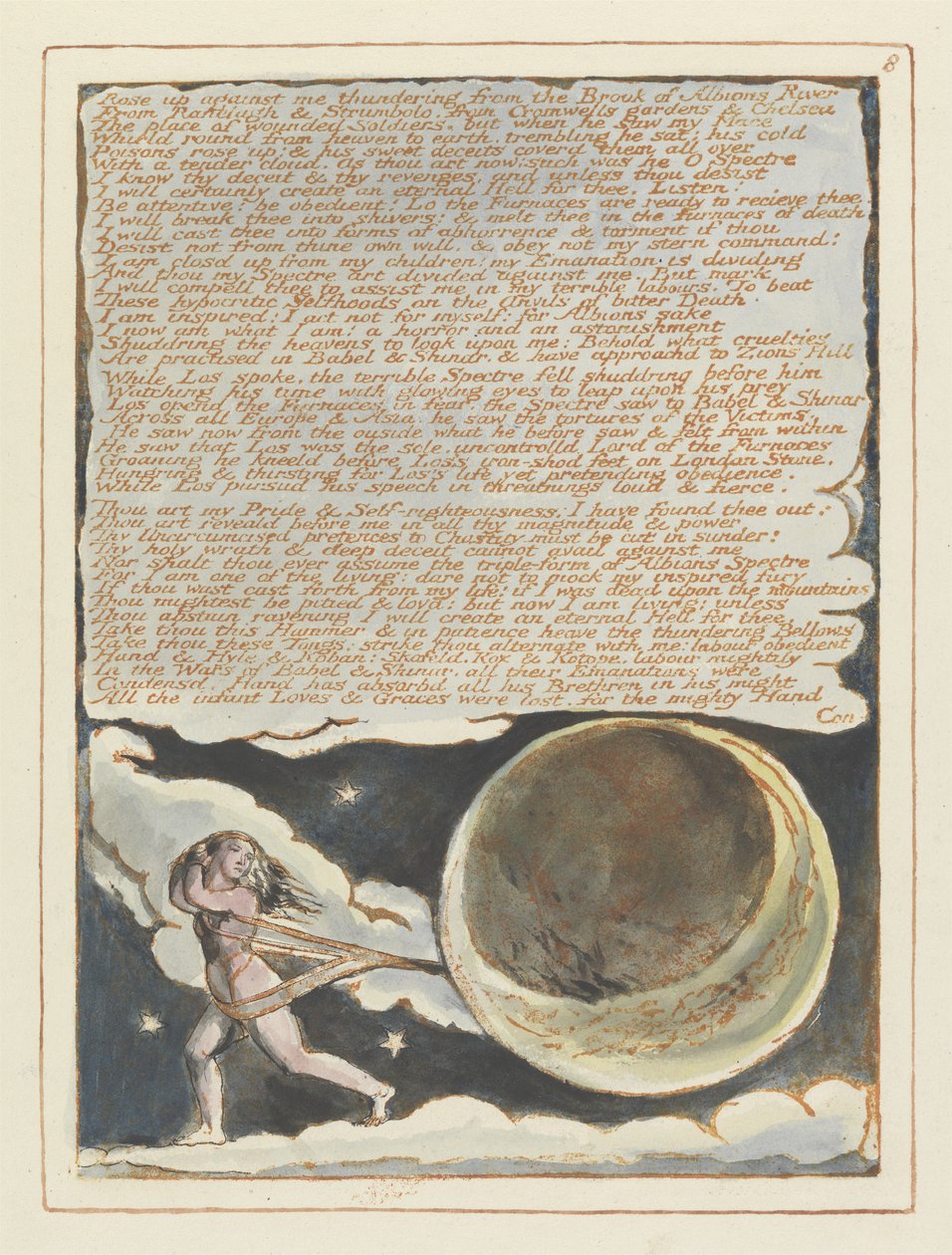 Nousi minua vastaan..., levy 8 Jerusalemista, 1804-20 (reliefi-etsaus painettu oranssilla kynällä ja wc:llä) tekijältä William Blake