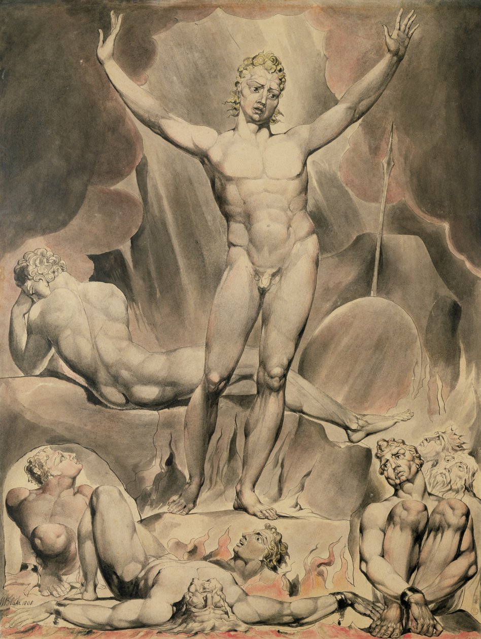Saatana herättää kapinalliset enkelit, 1808 (kynä ja wc) tekijältä William Blake