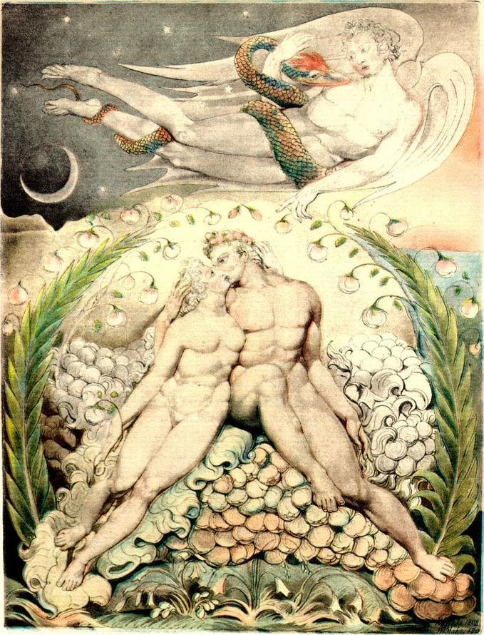 Saatana katselee Aadamin ja Eevan hyväilyjä tekijältä William Blake