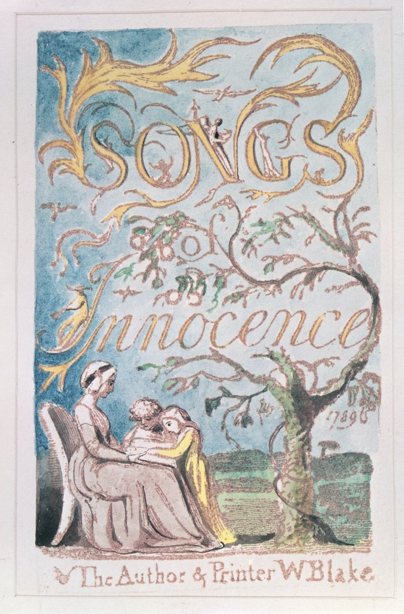 Songs of Innocence; Nimilehti, 1789 (akvarellivärillä sävytetty kohokuvioetsaus) tekijältä William Blake