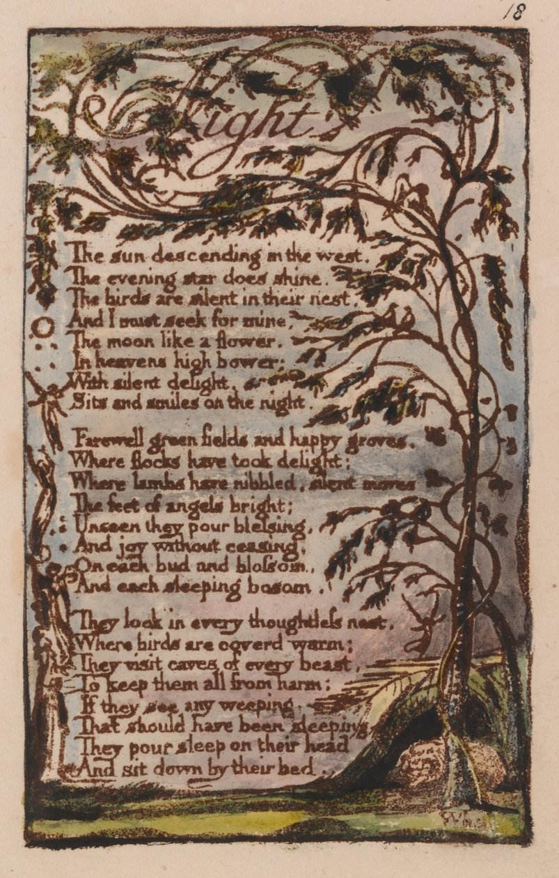 Viattomuuden ja kokemuksen lauluja, levy 18, yö (Bentley 20) tekijältä William Blake