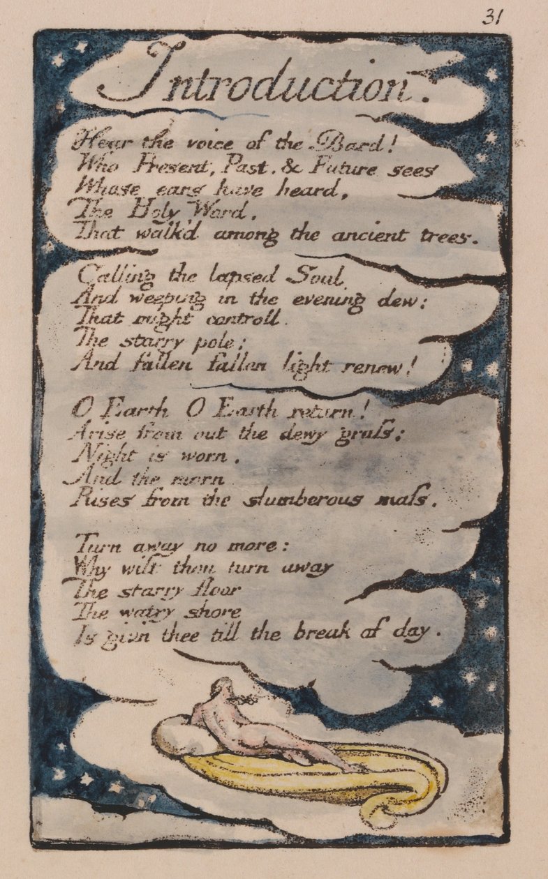Songs of Innocence and of Experience, levy 31, johdanto (Bentley 30) tekijältä William Blake