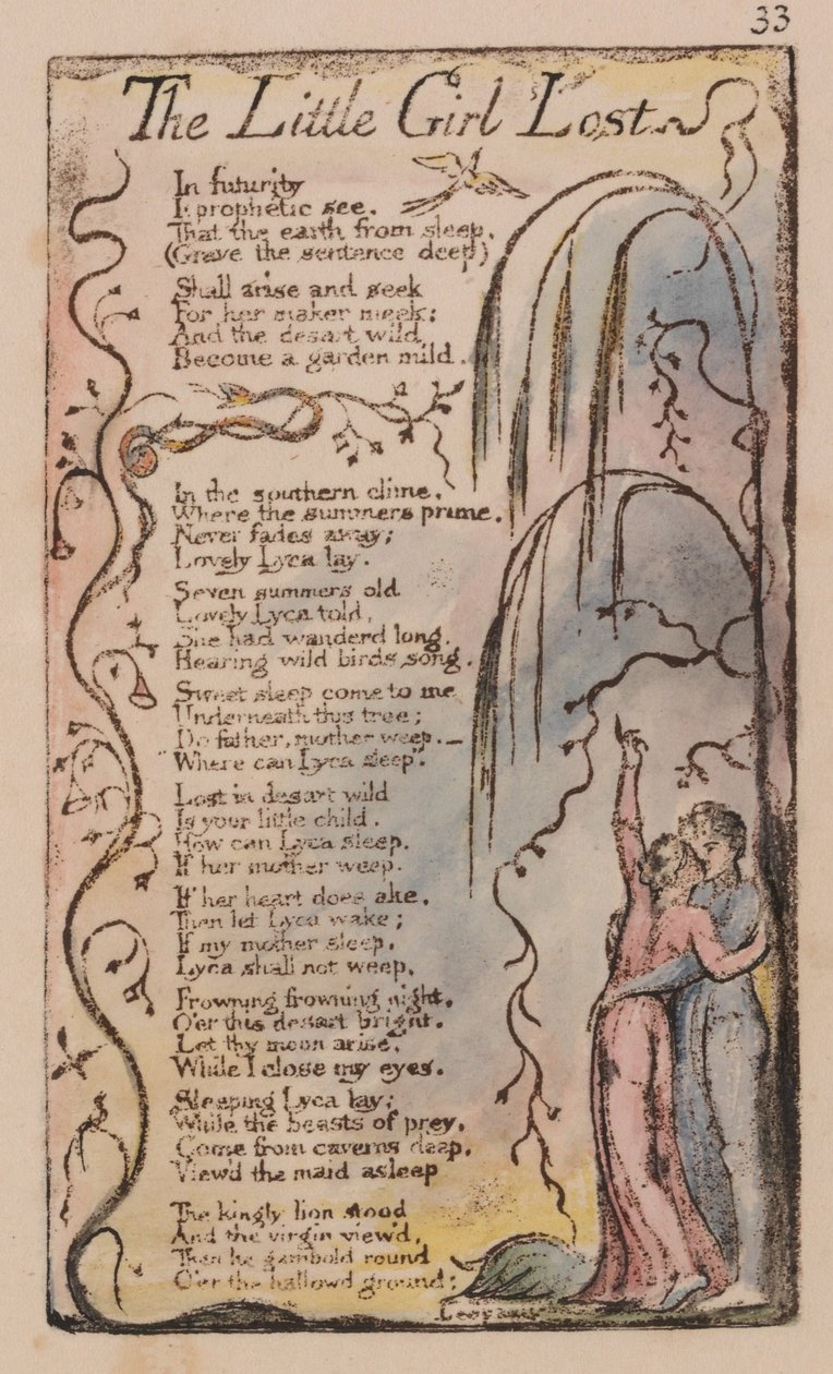 Viattomuuden ja kokemuksen lauluja, levy 33, Pikku tyttö kadonnut (Bentley 34) tekijältä William Blake