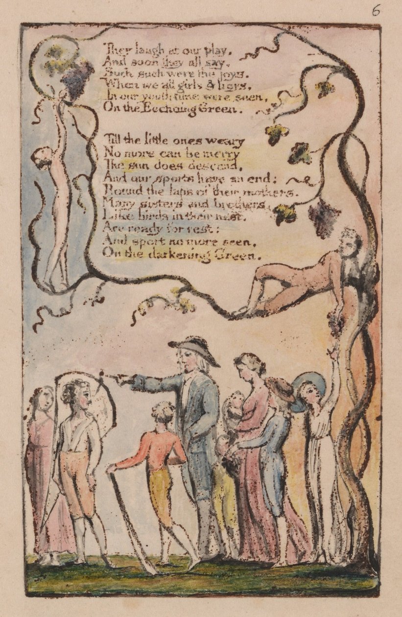Viattomuuden ja kokemuksen lauluja, levy 6, The Ecchoing Green (Bentley 7) tekijältä William Blake