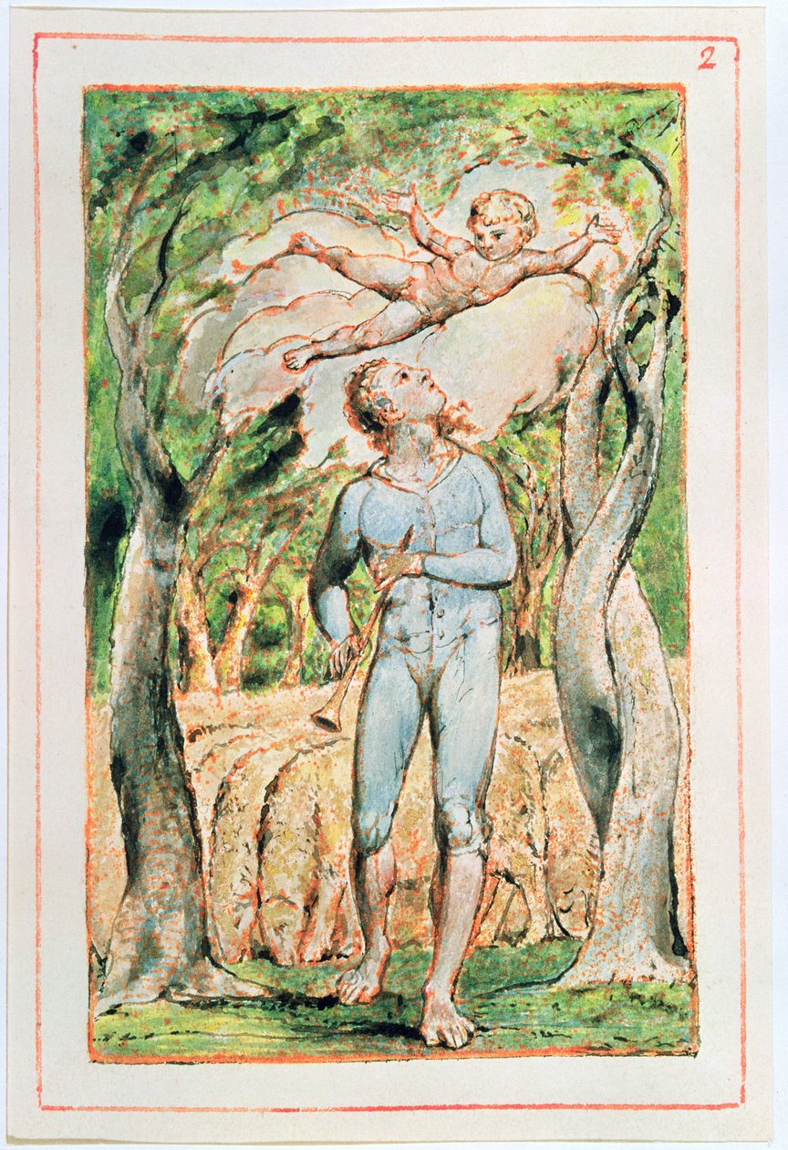 Songs of Innocence; Piper (etuosa), 1789 (reliefietsaus, sävytetty wc:llä) tekijältä William Blake