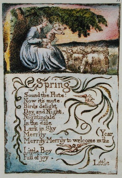 Kevät, kuvitus teoksesta Songs of Innocence and of Experience, (Bentley Copy L) pl.11 (Bentley 22) 1789-04 (reliefietsaus kynällä & wc:llä paperille) tekijältä William Blake