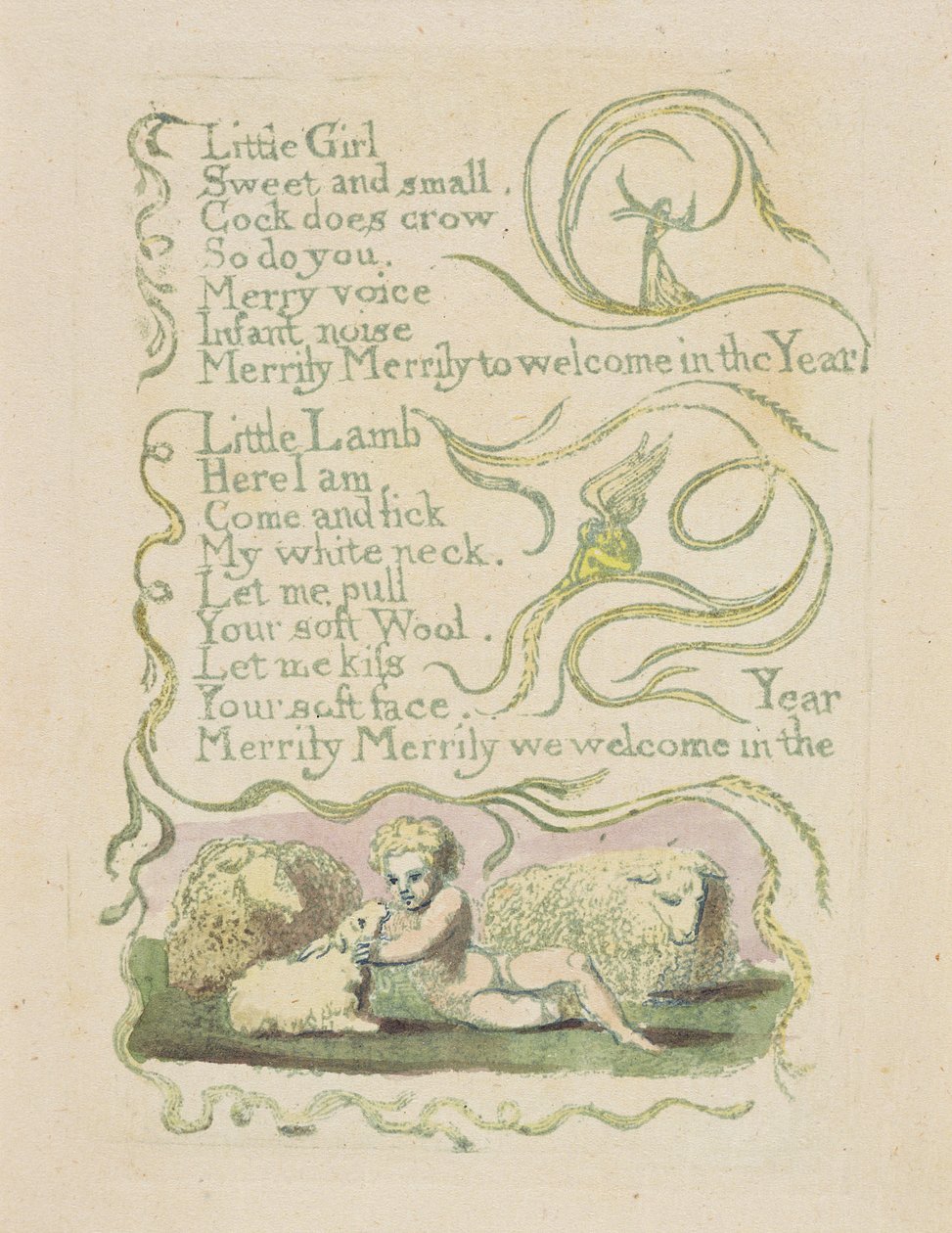 Kevät, levy 11 recto, teoksesta Songs of Innocence, 1789 (käsinvärinen kohokuvio etsaus vesivärillä paperille) tekijältä William Blake