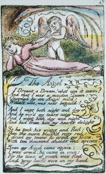 Enkeli, levy 47 (Bentley 41) Songs of Innocence and of Experiencesta (Bentley Copy L) 1789-94 (kohotettu etsaus kynällä ja wc:llä) tekijältä William Blake