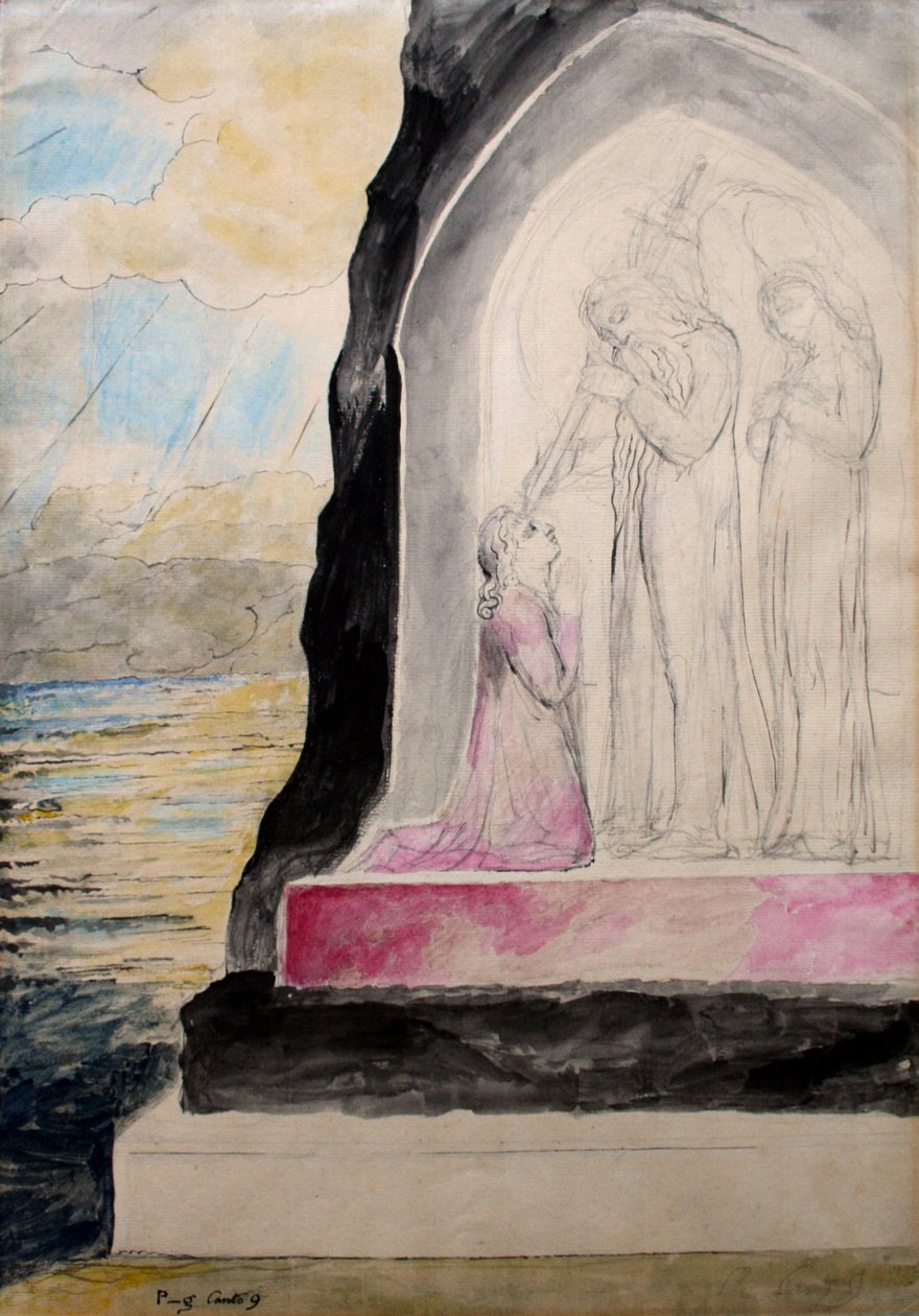 Enkeli miekan kanssa merkitsemässä Dantea seitsemänkertaisen kanssa", kuvitus teoksesta "Purgatorio", Danten jumalallinen komedia, n.1825-27 (tussi ja tussi, wc paperille). tekijältä William Blake