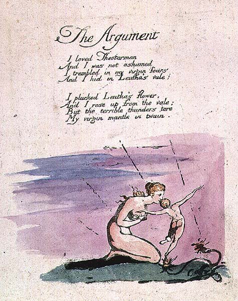 Argumentti, teoksesta Vision of the Daughters of Albion, 1793 (värillinen etsaus) tekijältä William Blake