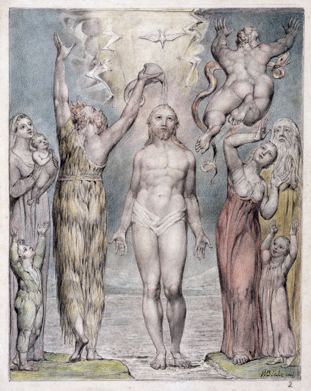 Kristuksen kaste, John Miltonin kuvitus "Paratiisista takaisin", n. 1816-1818 (kynä ja muste, harmaa pesu ja wc paperilla) tekijältä William Blake