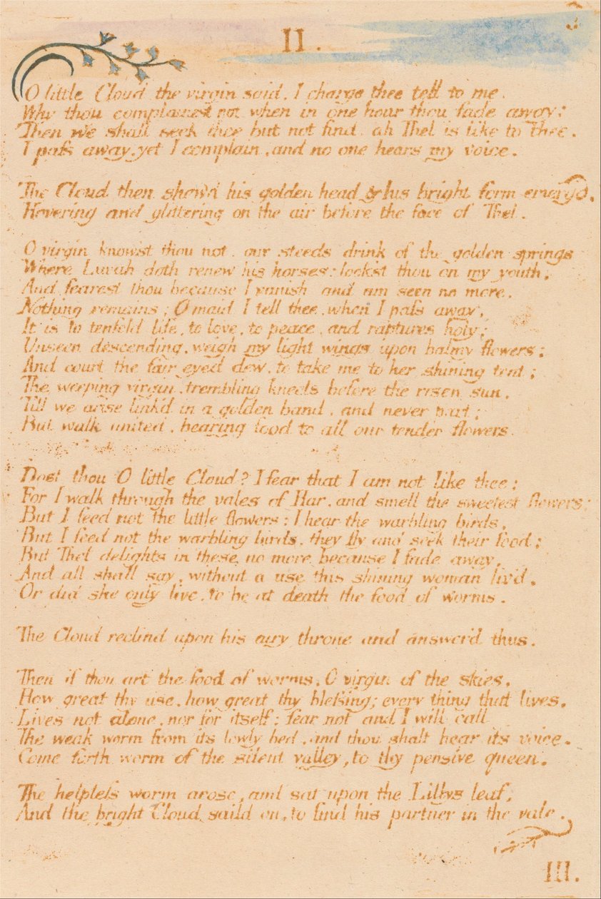 Thel -kirja, levy 5, II. , Oo pieni pilvi. . . . tekijältä William Blake