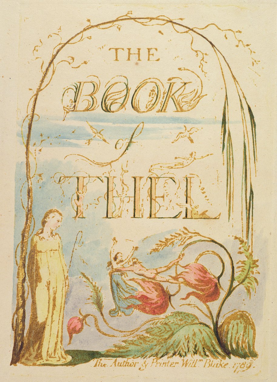 The Book of Thel, laatta 2 (nimiölehti), 1789 (kohopainatuksellinen kaiverrus, kynällä ja wc:llä vedostettu). tekijältä William Blake