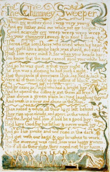 Savupiipunlakaisu, levy 13 Songs of Innocencesta, 1789 (reliefisyövytys wc:llä paperille) tekijältä William Blake