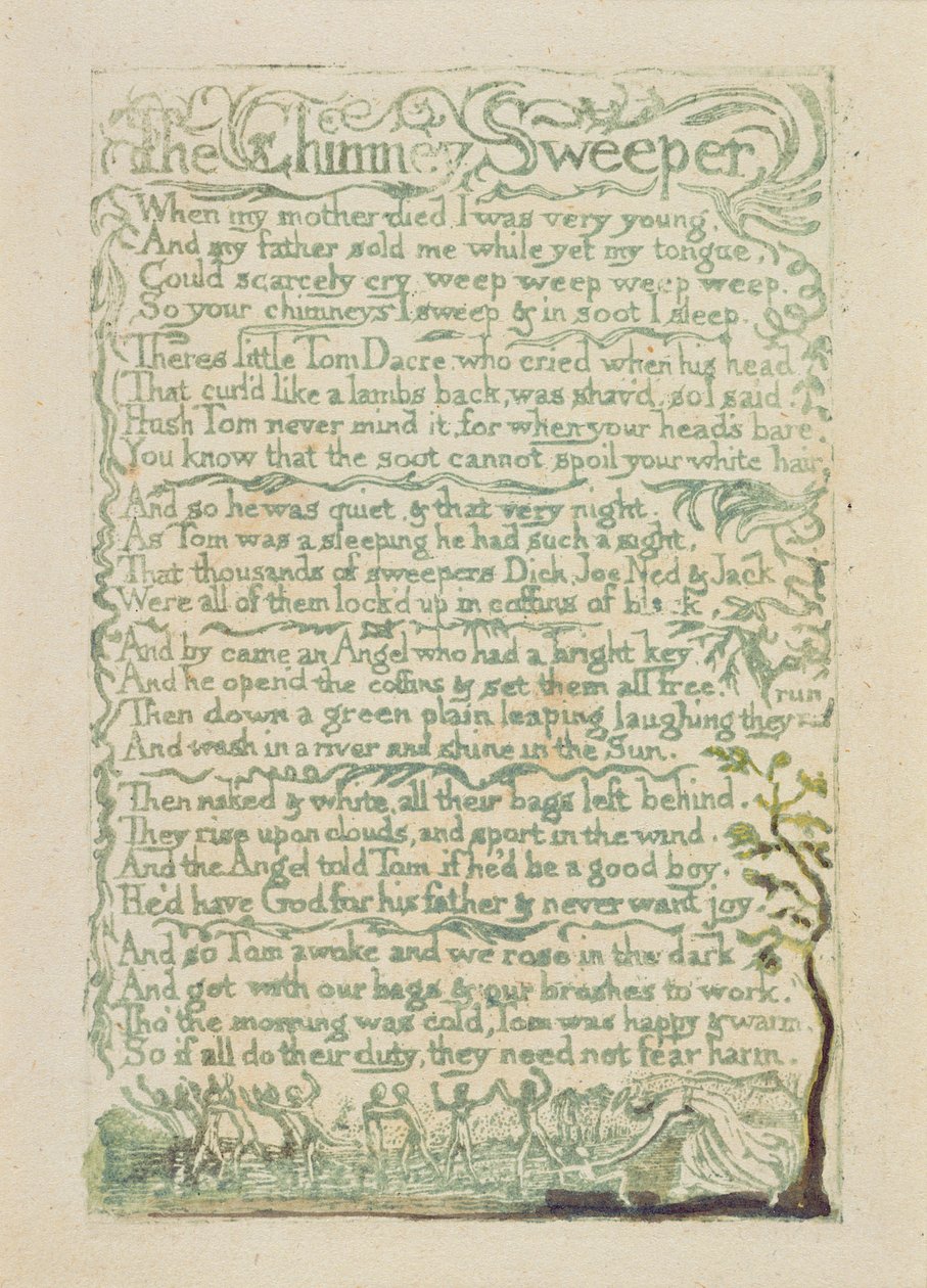 Savupiipunlakaisu, levy 9 recto teoksesta Songs of Innocence, 1789 (käsinvärinen kohokuvio etsauksella wc:llä paperille) tekijältä William Blake