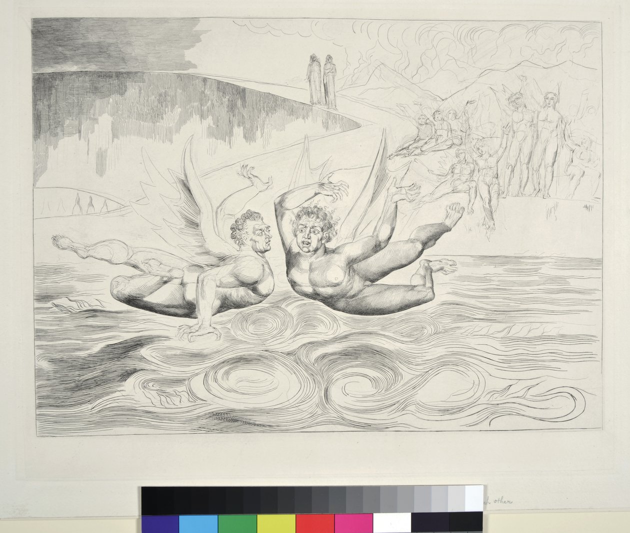 Korruptoituneiden virkamiesten ympyrä: Paholaiset ryöstelevät toisiaan, Inferno, Canto XXII, kuvitus Dante Alighierin jumalallisesta komediasta, 1827 tekijältä William Blake