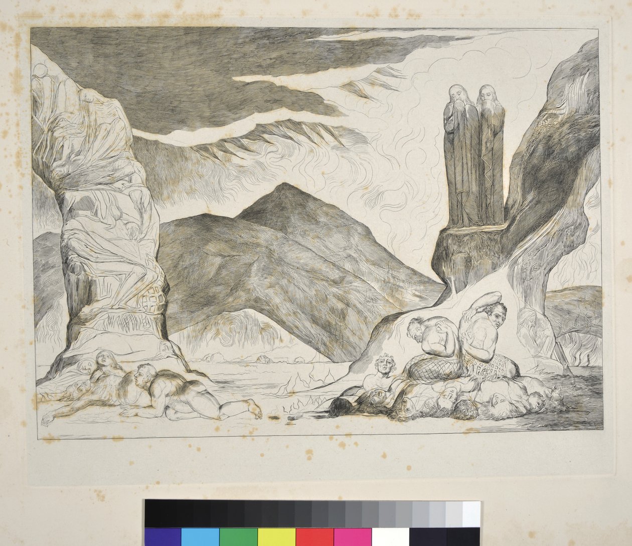 Väärentäjien ympyrä: Dante ja Vergilius peittävät nenänsä hajun takia, Inferno, Canto XXIX, kuvitus Dante Alighierin jumalallisesta komediasta, n. 1827-1838 tekijältä William Blake