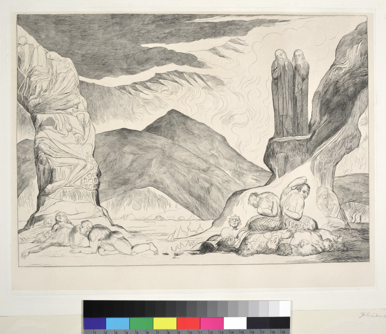 Väärentäjien ympyrä: Dante ja Vergilius peittävät nenänsä hajun takia, Inferno, Canto XXIX, kuvitus Dante Alighierin jumalallisesta komediasta, 1827 tekijältä William Blake