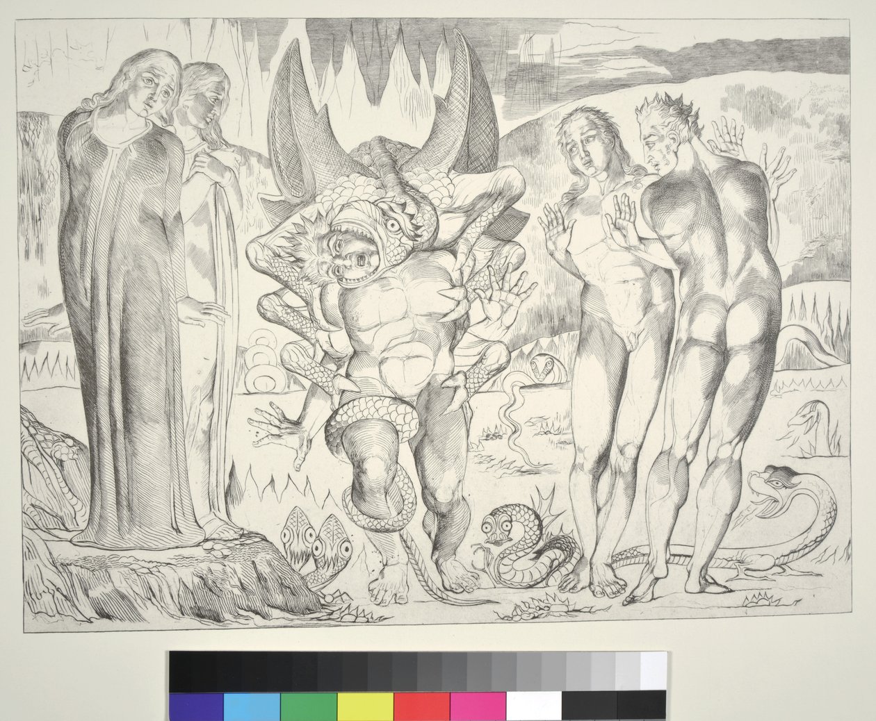 Varkaiden ympyrä: Agnolo Brunelleschi, jota kuusijalkainen käärme hyökkäsi, Inferno, Canto XXV, kuvitus Dante Alighierin jumalallisesta komediasta, 1838 tekijältä William Blake