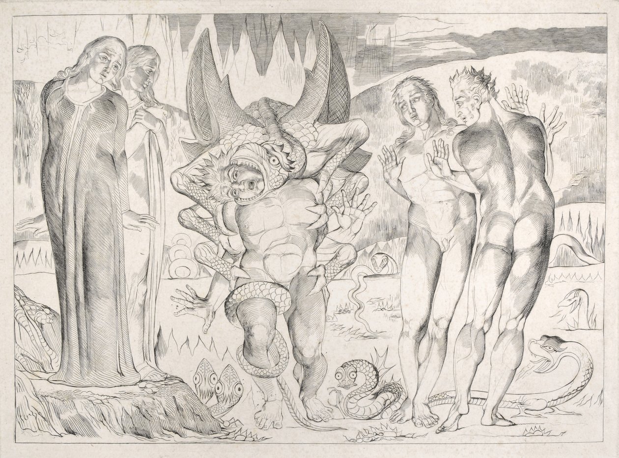 Varkaiden ympyrä: Agnolo Brunelleschi, jota vastaan kuusijalkainen käärme Helvetti hyökkäsi, Canto XXV, kuvitus Dante Alighierin jumalallisesta komediasta, 1827 tekijältä William Blake