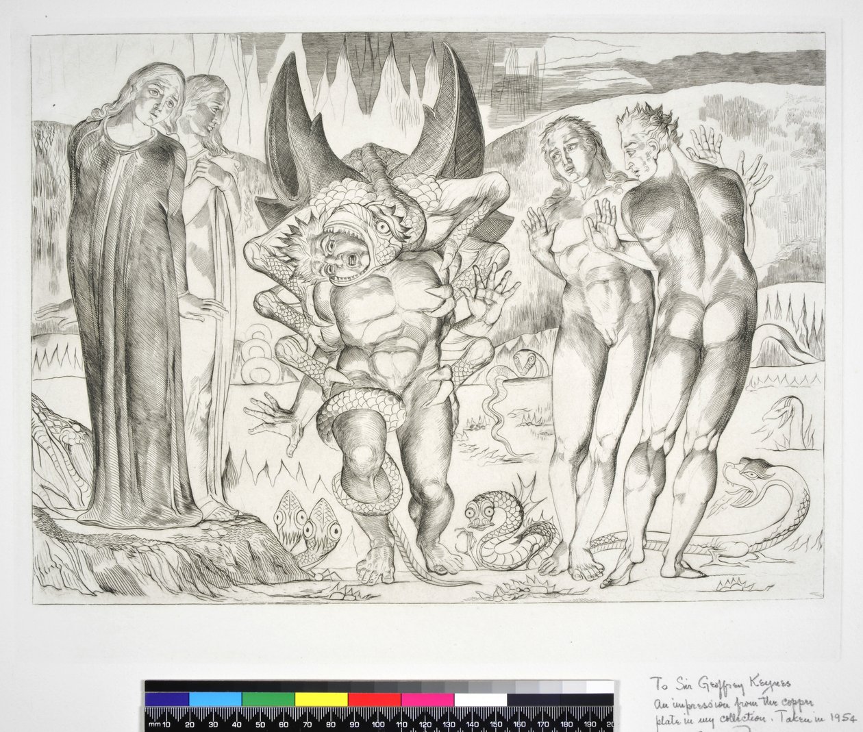 Varkaiden ympyrä: Agnolo Brunelleschi, jota kuusijalkainen käärme hyökkäsi, Canto XXV, kuvitus Dante Alighierin jumalallisesta komediasta, 1954 tekijältä William Blake