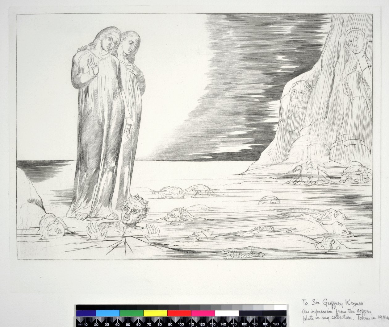 Petturien ympyrä: Danten jalka iskee Bocca degli Abbateen, Inferno, Canto XXXII, kuvitus Dante Alighierin jumalalliseen komediaan, 1954 tekijältä William Blake