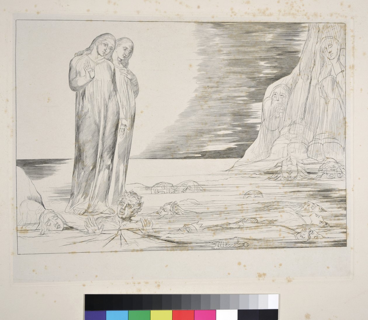 Petturien ympyrä: Danten jalka iskee Bocca degli Abbateen, Inferno, Canto XXXII, kuvitus Dante Alighierin jumalalliseen komediaan, n. 1827-38 tekijältä William Blake
