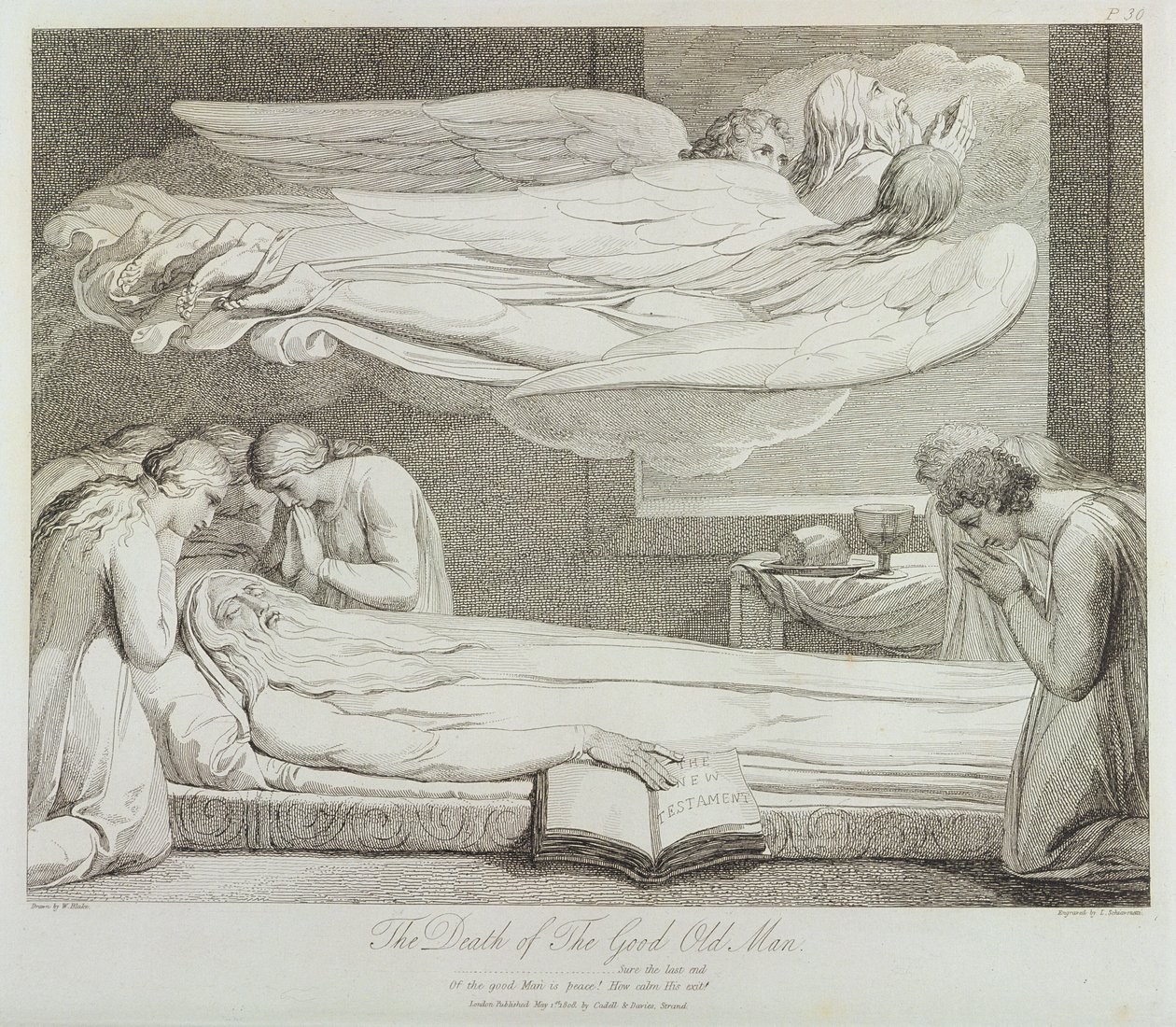 Vanhan hyvän miehen kuolema, s. 11, kuvitus teoksesta "The Grave, A Poem", kaiverrus Luigi Schiavonetti (1765-1810), 1808 tekijältä William Blake