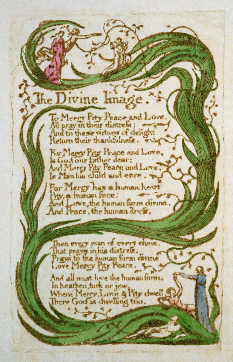 Jumalallinen kuva, teoksesta Songs of Innocence, 1789 (värillinen etsaus) tekijältä William Blake