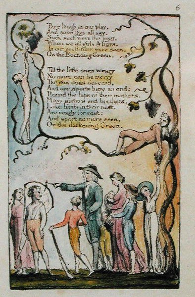 The Echoing Green, levy 2 (Bentley 7) teoksesta Songs of Innocence and of Experience, n. 1789-1794 (reliefietsaus kynällä & musteella ja wc:llä) tekijältä William Blake