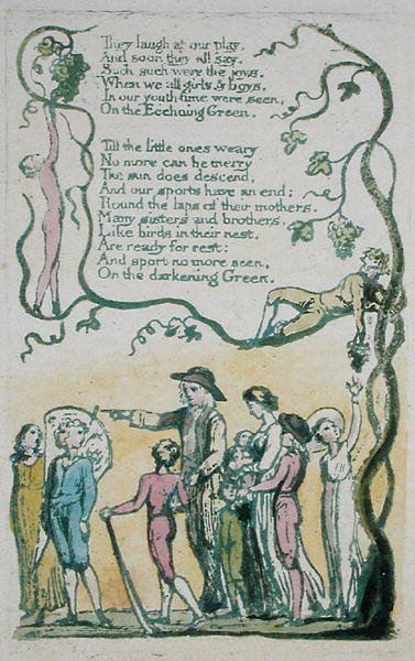 Kaikuvihreä, ja he nauravat näytelmällemme..., levy 8 julkaisusta Songs of Innocence, 1789 (käsinvärinen kohokuvio vesiväreillä) tekijältä William Blake