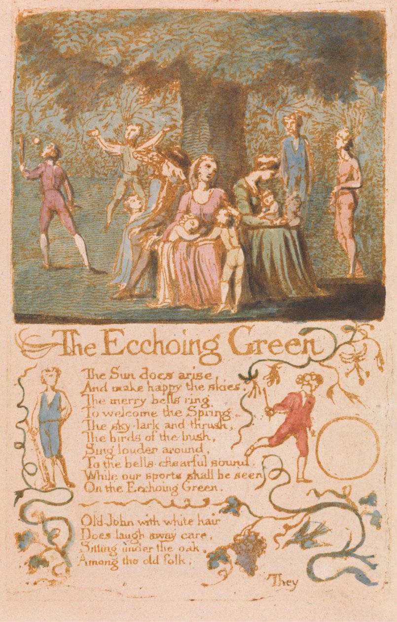 The Ecchoing Green, levy 10 Songs of Innocencesta, 1789 (reliefietsaus wc:llä paperille) tekijältä William Blake