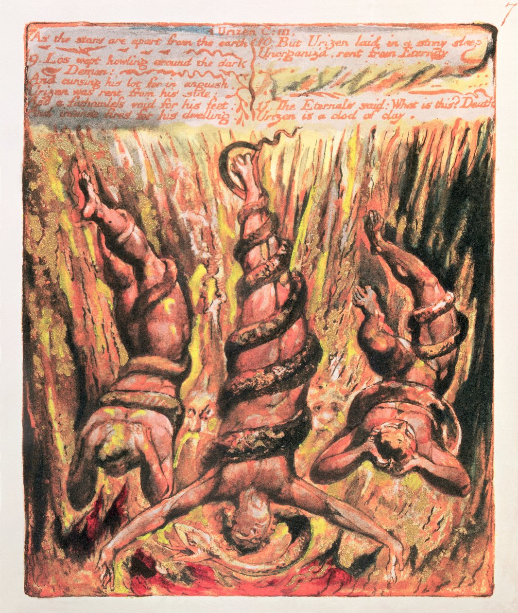 Urizenin ensimmäinen kirja; Koska tähdet ovat erillään maasta, 1794 (väripainettu reliefietsaus) tekijältä William Blake
