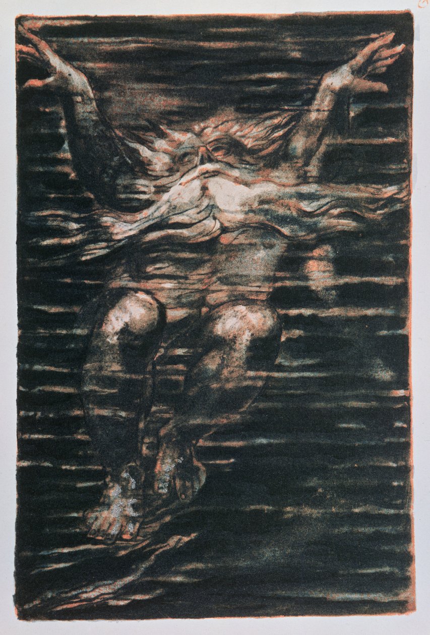 Urizenin ensimmäinen kirja; Parrakas mies uimassa vedessä, 1794 (väripainettu reliefietsaus) tekijältä William Blake