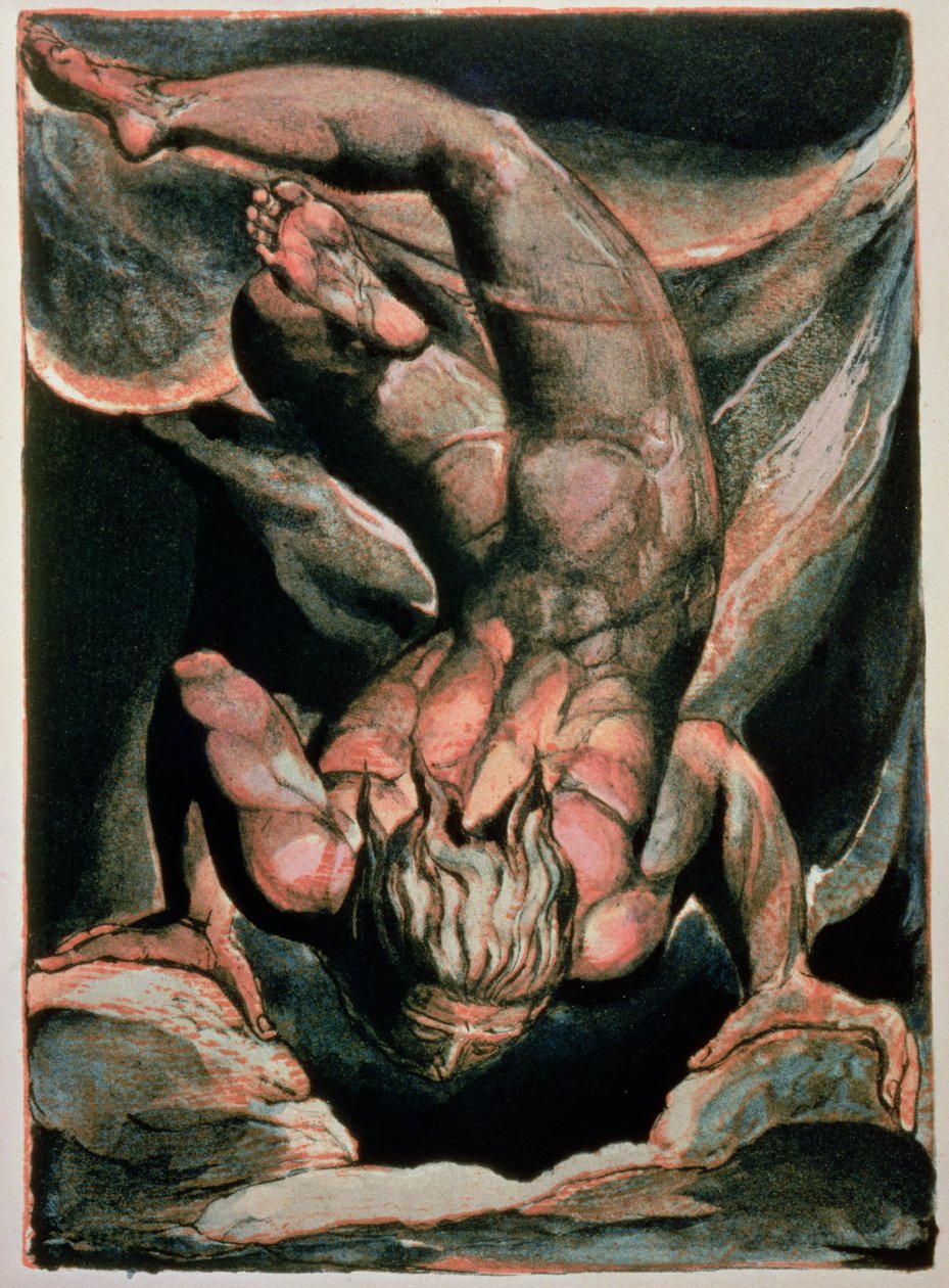 Urizenin ensimmäinen kirja; Mies kelluu ylösalaisin, 1794 (väripainettu kohokuvio) tekijältä William Blake