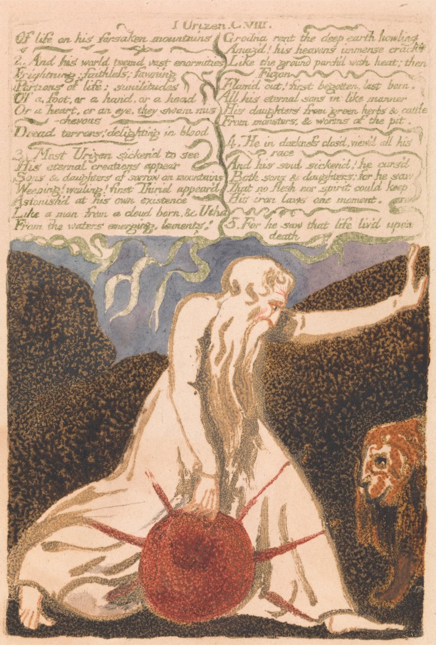 Urizenin ensimmäinen kirja, levy 20, elämästä hylätyistä vuorista. . . . (Bentley 23) tekijältä William Blake