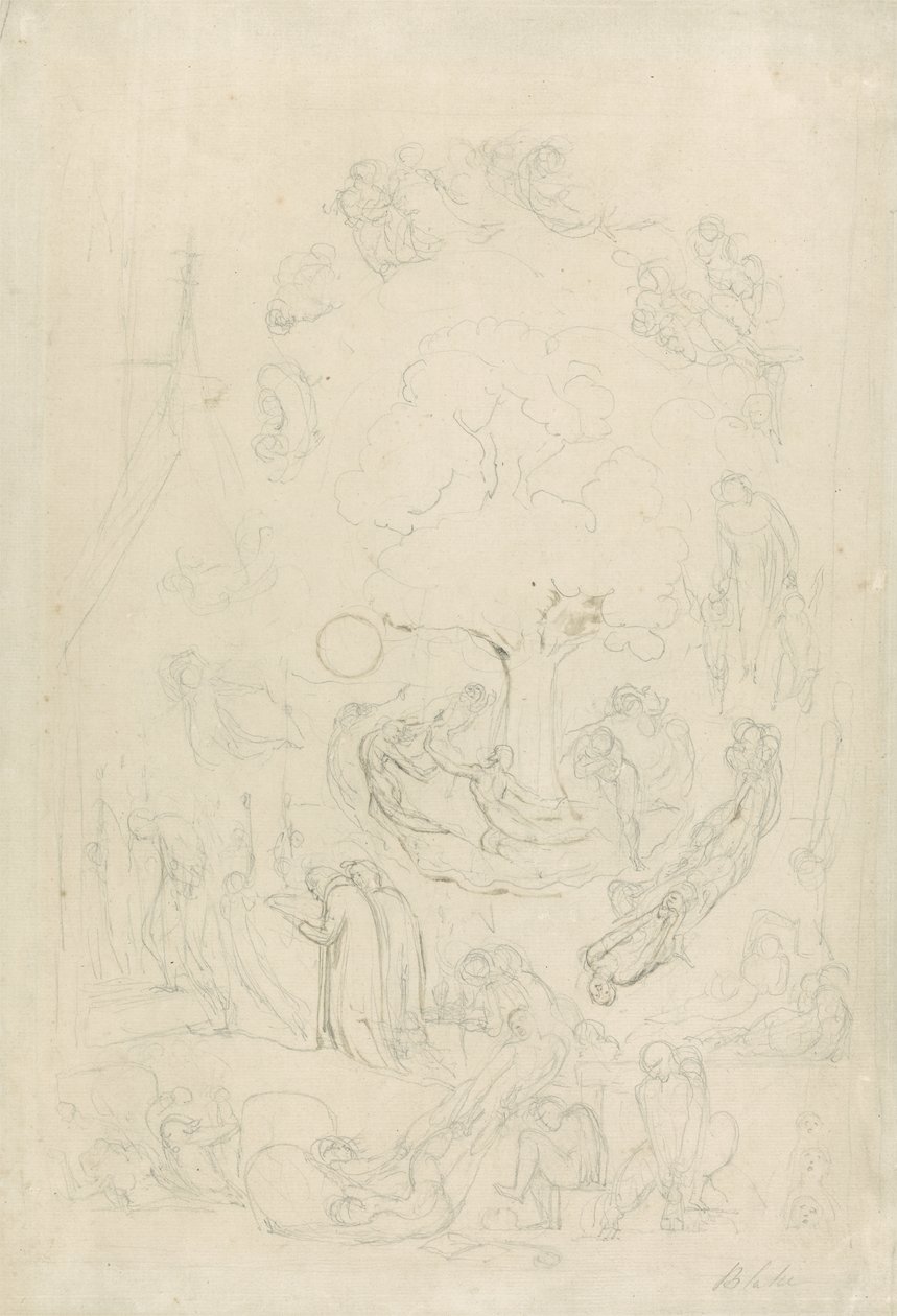 Aaveiden gambolit heidän kiintymyksiensä mukaan ennen lopullista tuomiota, 1805-08 (grafiitti ja ruskea pesu paperilla) tekijältä William Blake