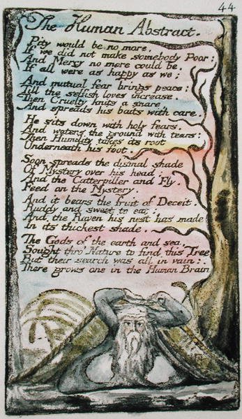 Ihmisen tiivistelmä, levy 44 (Bentley 47) julkaisusta Songs of Innocence and of Experience (Bentley Copy L) 1789-94 (reliefietsaus kynällä ja wc:llä paperille) tekijältä William Blake