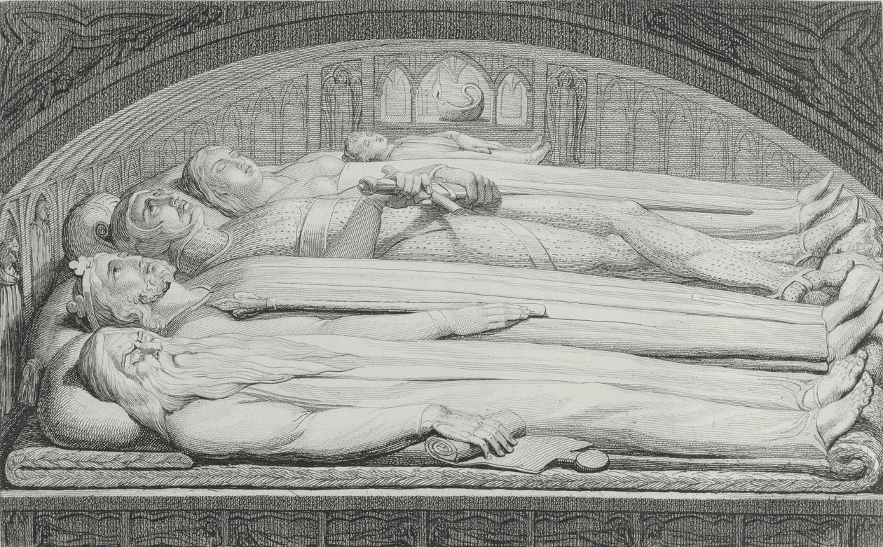 Kuningas, neuvonantaja, soturi, äiti ja lapsi haudassa, kuvitus William Blaken (1757-1827) teoksesta "Hauta, runo", kaivertanut Luigi Schiavonetti (1765-1810), 1808 tekijältä William Blake