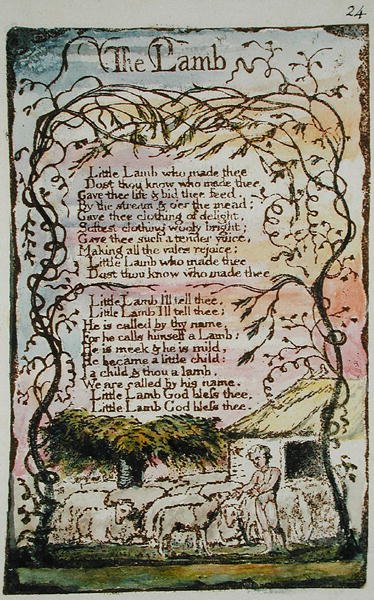 Karitsa, kuvitus teoksesta Songs of Innocence and of Experience, (Bentley Copy L) pl.24 (Bentley 8) 1789-94 (reliefisyövytys kynällä ja wc:llä paperille) tekijältä William Blake