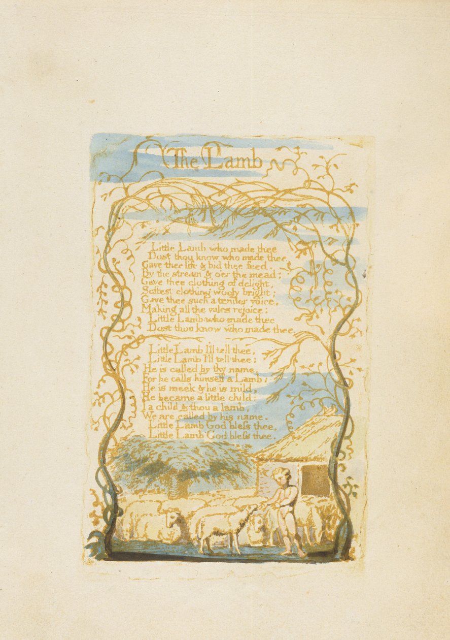 "The Lamb", levy 8 julkaisusta "Songs of Innocence", 1789 (reliefisyövytys wc:llä paperille) tekijältä William Blake