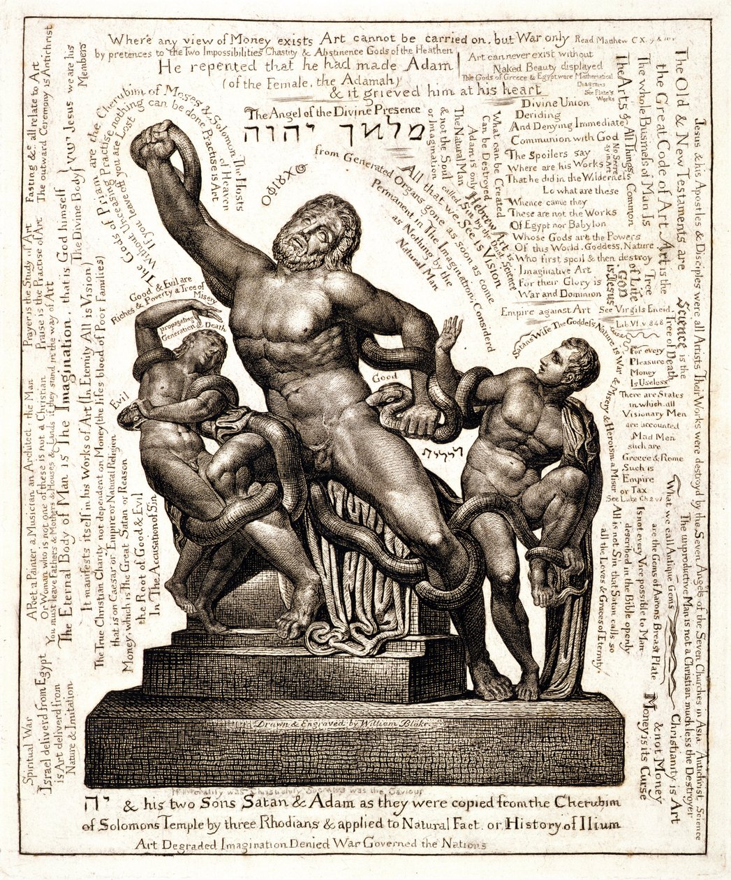 Laocoon Jehovana Saatanan ja Aadamin kanssa, n. 1820 (viivakaiverrus) tekijältä William Blake
