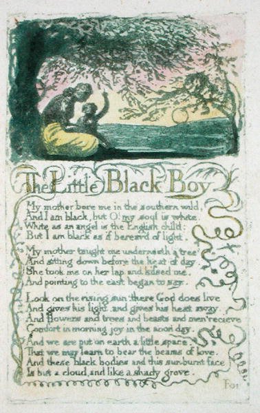 Pieni musta poika, levy 5 julkaisusta Songs of Innocence, 1789 (käsinvärinen kohokuvio etsauksella wc:llä paperille) tekijältä William Blake