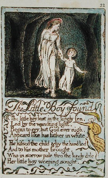 The Little Boy Found, kuvitus teoksesta Songs of Innocence and of Experience (Bentley Copy L) pl.22 (Bentley 14) 1789-94 (reliefietsaus kynällä ja wc:llä paperille) tekijältä William Blake