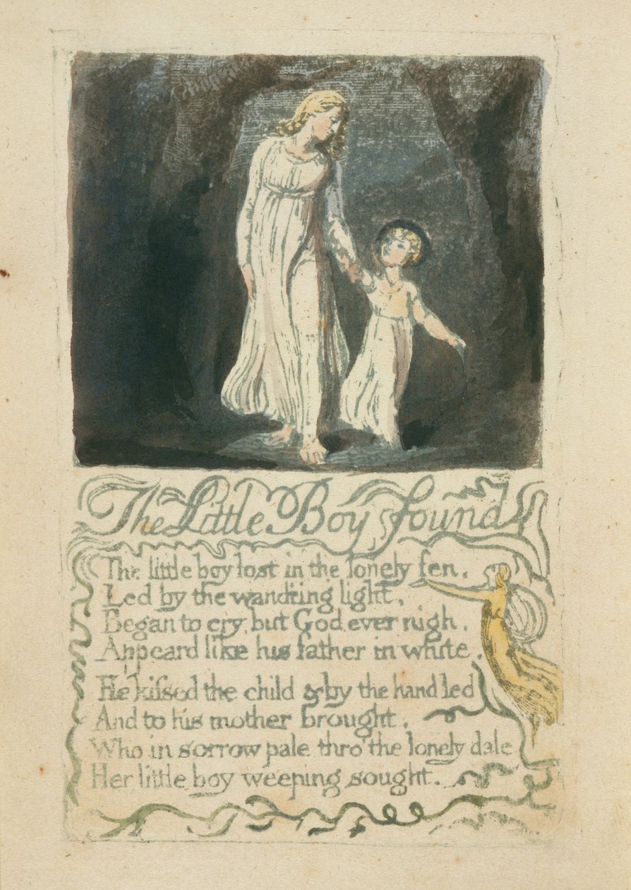 Löytyi pikkupoika, levy 16 julkaisusta Songs of Innocence, 1789 (käsinvärjätty kohokuvio vesiväreillä) tekijältä William Blake