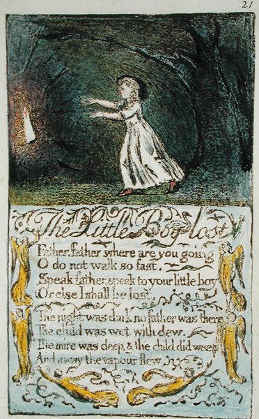 The Little Boy Lost, kuvitus teoksesta Songs of Innocence and of Experience (Bentley Copy L) pl.21 (Bentley 13) 1789-94 (reliefisyövytys kynällä ja wc:llä paperille) tekijältä William Blake