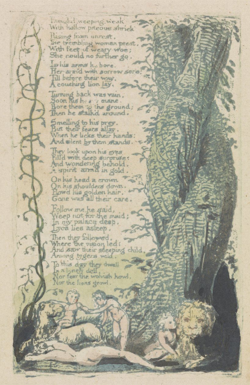 The Little Girl Found, and Famishd weeping..., levy 2 teoksesta The Songs of Innocence, 1789 (käsinvärinen kohokuvio akvarelleilla) tekijältä William Blake