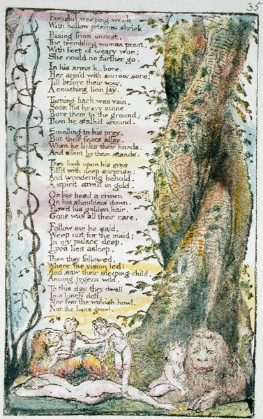 The Little Girl Found, levy 35 (Bentley 36) julkaisusta Songs of Innocence and of Experience (Bentley Copy L) 1789-94 (reliefi etsaus kynällä ja wc:llä) tekijältä William Blake