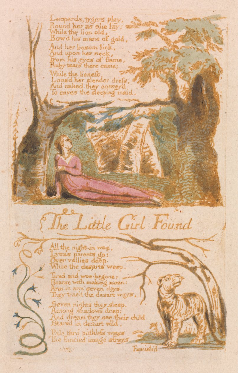 Löytötyttö, levy 6 julkaisusta Songs of Innocence, 1789 (reliefi etsaus wc:llä paperille) tekijältä William Blake